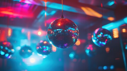 Shiny mirrored disco balls hanging in a club setting with lights