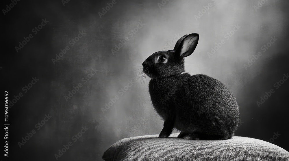 Poster a dwarf rabbit sitting on a soft cushion with a blurred background and ample negative space for text