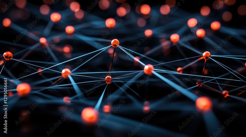 Poster network of orange spheres interconnected with lines on a dark background illustrating technology con