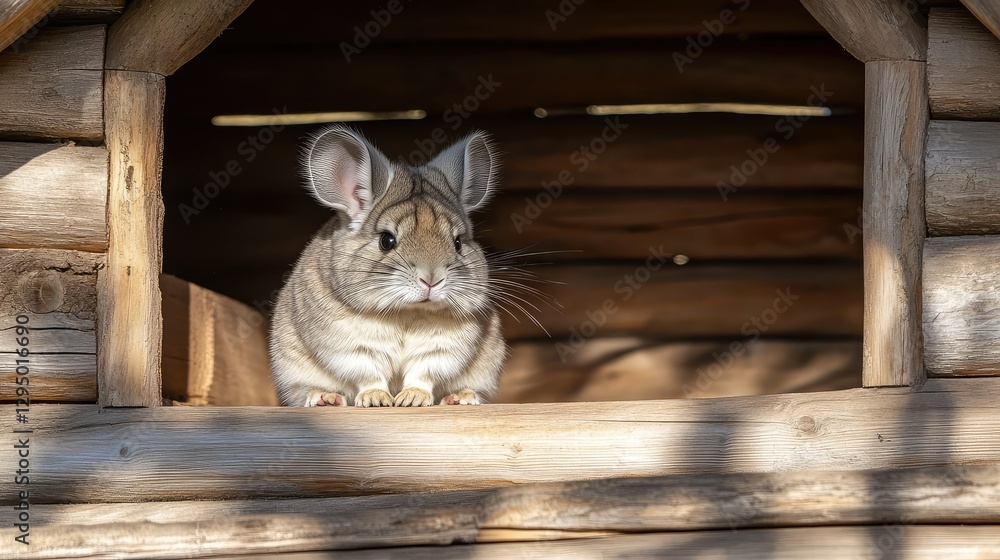 Poster a fluffy chinchilla sitting inside a wooden house with soft shadows and open space around for text p