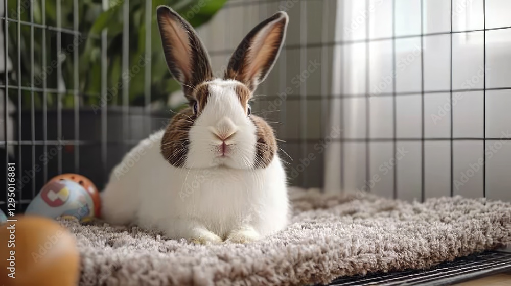 Poster a fluffy rabbit resting on soft bedding inside a large cage, surrounded by toys, with empty space ar