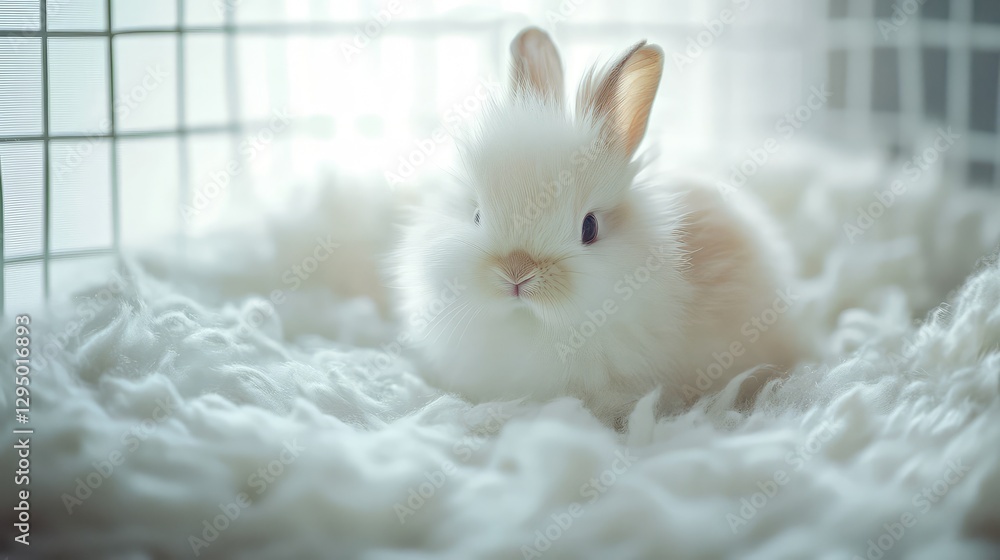 Poster a fluffy rabbit sitting quietly inside its enclosure on soft bedding with clear negative space aroun