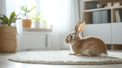 A fluffy rabbit resting on a plush rug in a bright room with minimalist dcor and ample copy space.