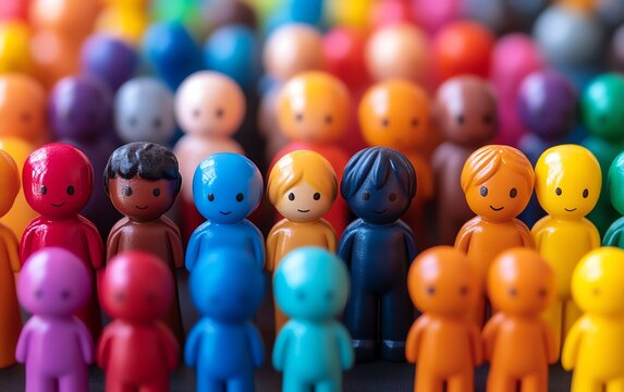 Diverse, colorful figurines standing in unity, representing inclusion, equal opportunity, supportive workplace, workforce advocacy, inclusive policies, and workplace diversity