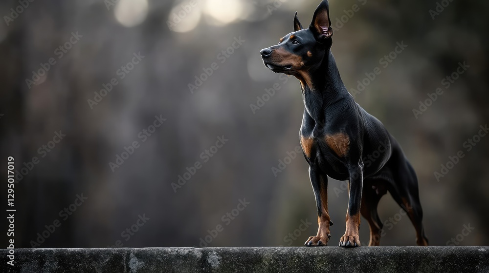 Poster a glossy-coated doberman standing alert on a show platform with soft lighting and clear space for te