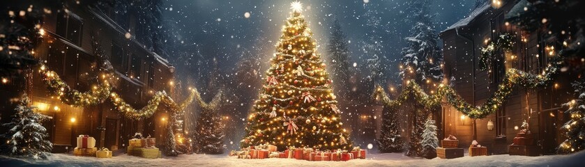 Obraz premium A beautifully decorated Christmas tree stands tall in the snow, surrounded by colorful wrapped presents.