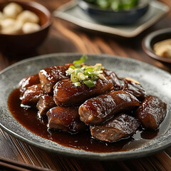 Delicious tender meat served on a black plate garnished with green onions in an elegant dining setting, highlighting culinary craftsmanship and rich flavors in a cozy atmosphere