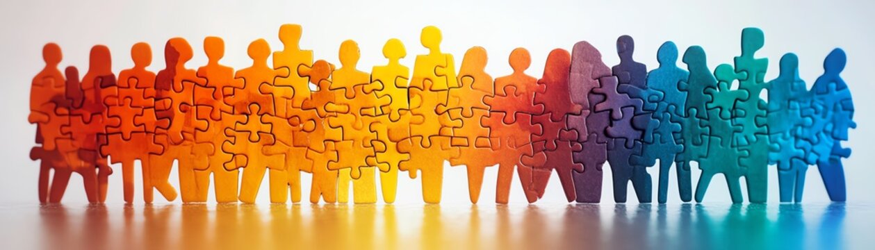 Diverse team of people formed from colorful puzzle pieces, illustrating company structure, departments working together, hiring new employees, teamwork, cooperation