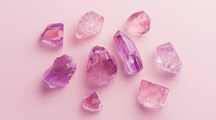 A group of raw pink crystals arranged artistically on a smooth neutral background, with room for creative or textual content.