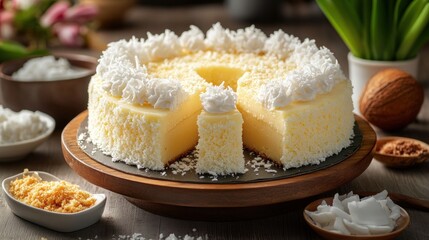 Sliced Coconut Cheesecake on Wooden Stand, with Ingredients