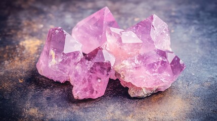 A group of raw pink crystals arranged artistically on a smooth neutral background, with room for creative or textual content.