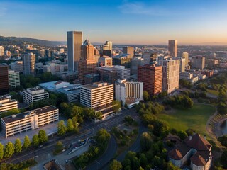 Portland, Oregon cityscape at sunrise. High-angle view of urban buildings, streets, and parkland. Urban development and natural spaces coexist.Oregon, USA