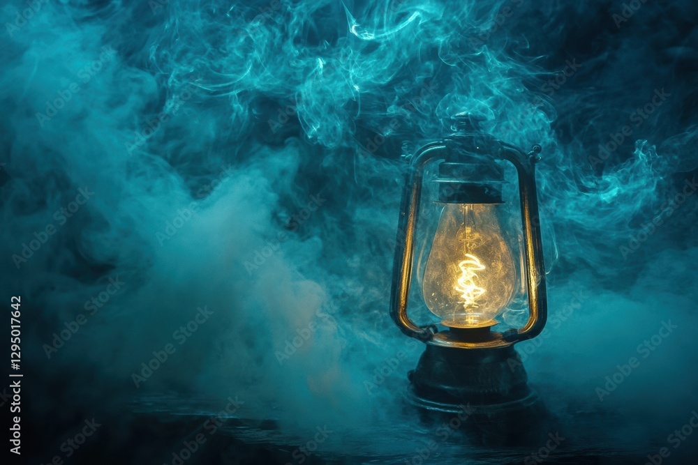 Poster glowing gas lamp illuminates dark surroundings with ethereal light and swirling mist during nighttim
