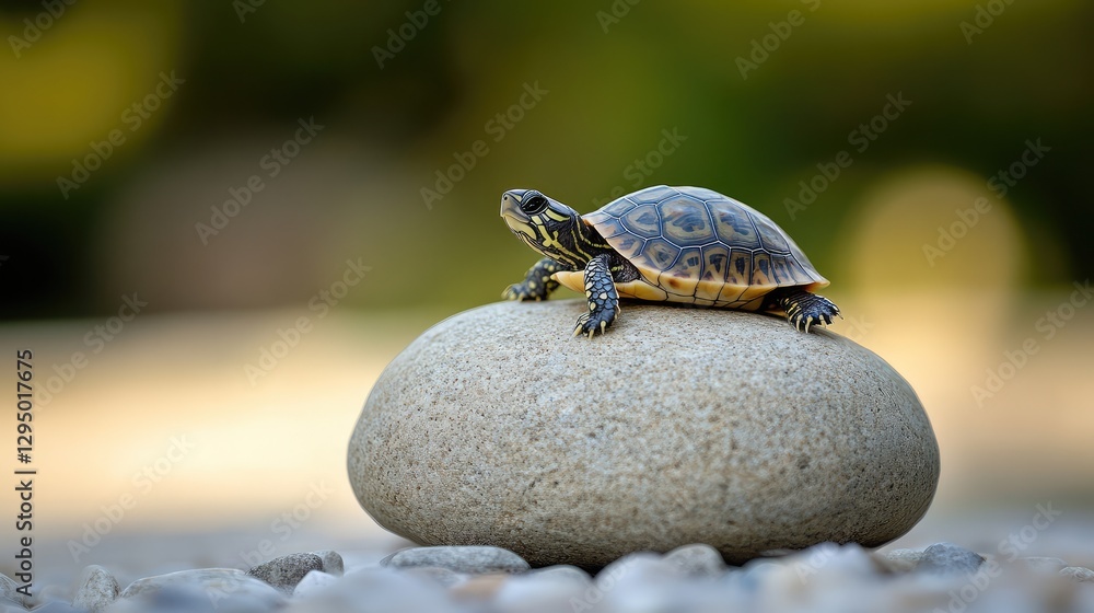 Poster A miniature turtle resting on a smooth stone under natural light with plenty of negative space for text overlays.