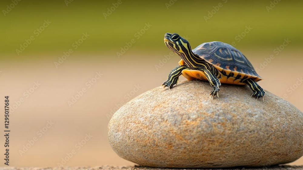 Poster A miniature turtle resting on a smooth stone under natural light with plenty of negative space for text overlays.
