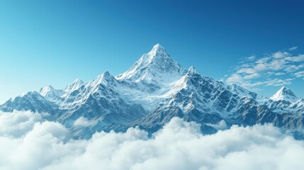 Obraz premium Majestic Snow-Capped Mountain Peak Surrounded by White Clouds and Blue Sky