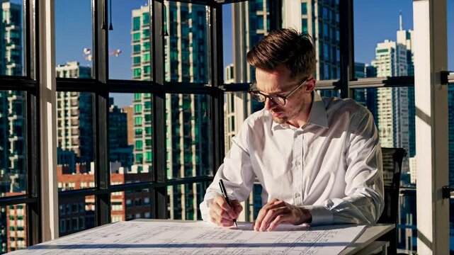 The video captures a professional drafting designs in a sunlit office with a cityscape backdrop, using a high-angle camera angle.