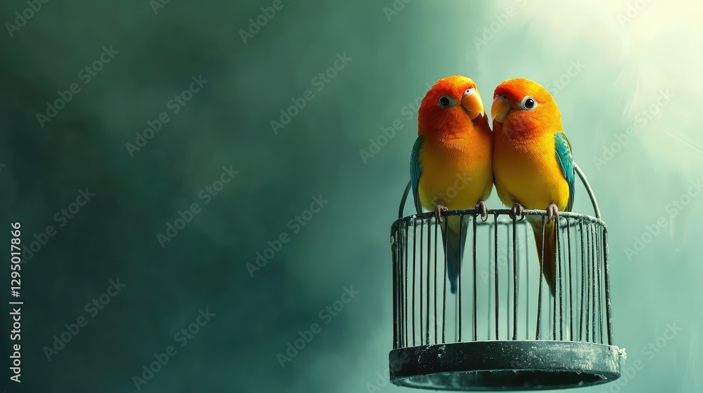 Poster a pair of lovebirds sitting on a perch with soft shadows and clear copy space around the minimalist 