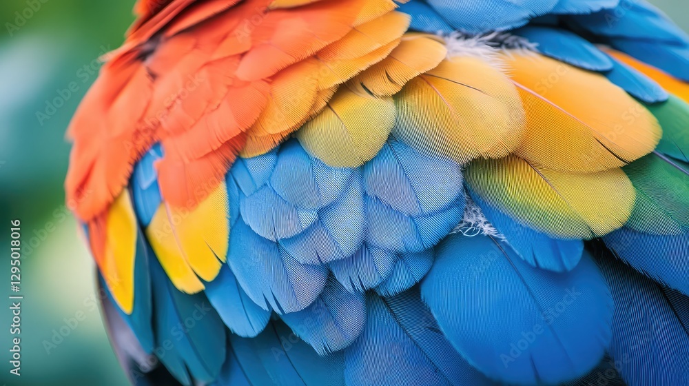 Poster a parakeet's colorful feathers in close-up with blurred indoor light and clear copy space for design