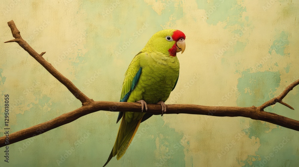 Poster a parakeet resting on a perch with a neutral background and clear copy space for creative content.