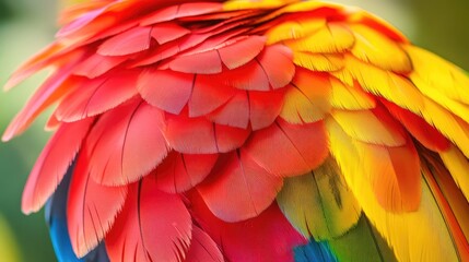 Obraz premium A parakeet's colorful feathers in close-up with blurred indoor light and clear copy space for designs.