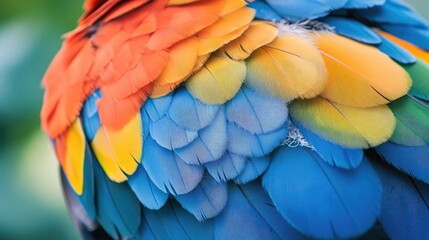 Obraz premium A parakeet's colorful feathers in close-up with blurred indoor light and clear copy space for designs.
