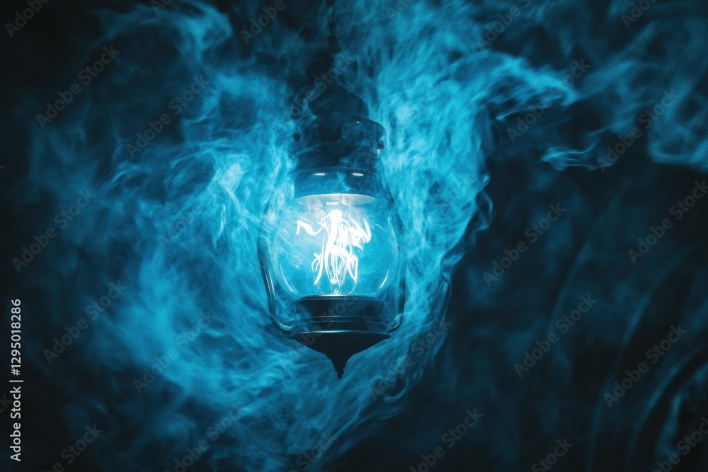 Poster Glowing gas lamp radiates enchanting blue light amidst swirling mist in a darkened space. Generative AI