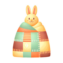 A cute, cartoonish bunny wrapped in a colorful quilt, exuding warmth and comfort.
