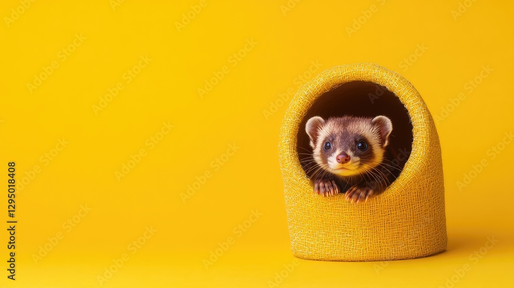 Poster a playful ferret peeking out from a soft tunnel toy, surrounded by open space for design elements.