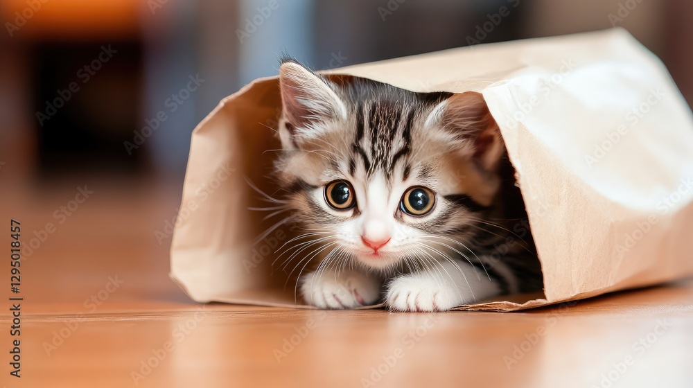 Poster a playful kitten hiding inside a paper bag with soft background lighting and ample copy space.