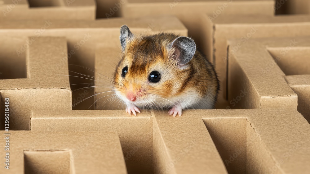 Poster a playful hamster exploring a cardboard maze with soft shadows and clear negative space for text.