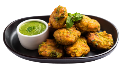 Pakoras on a Plate with Green Chutney, Transparent Background
