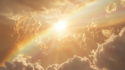 Majestic Sunrise Over Clouds with Vibrant Rainbow and Gentle Light Shining Through Atmospheric Layers