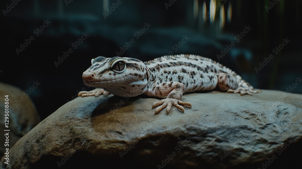 Poster a sleek reptile habitat with a gecko resting on a rock under soft lighting, surrounded by empty spac