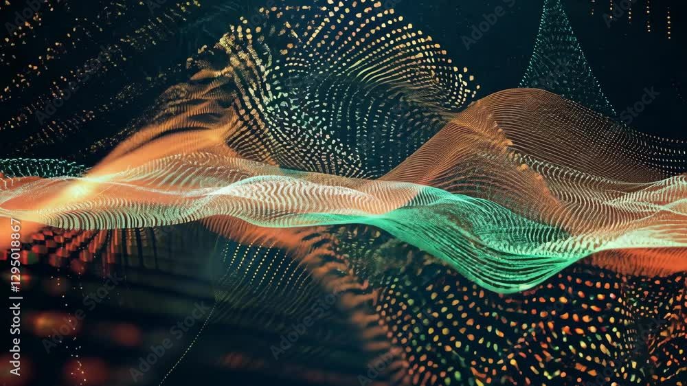 Poster christmas fractal waves: dynamic abstract background with glowing particles and cyberspace design