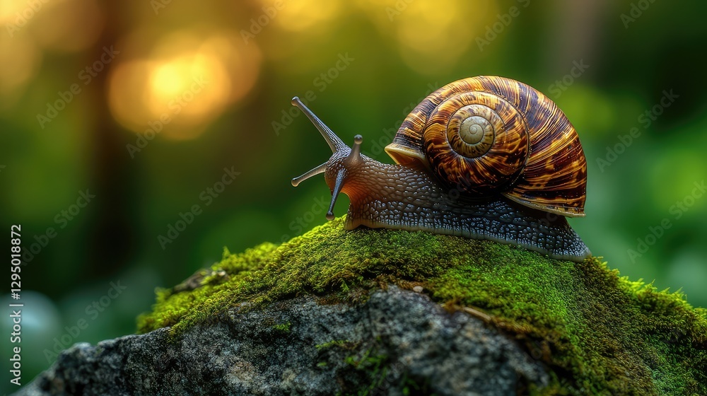 Poster a slow-moving snail on a moss-covered rock with soft natural lighting and open space around.