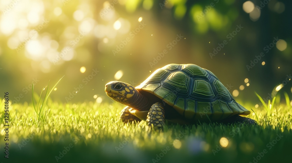 Poster a slow-moving tortoise walking on grass with soft shadows and clear space for text overlays.