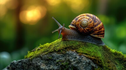 A slow-moving snail on a moss-covered rock with soft natural lighting and open space around.