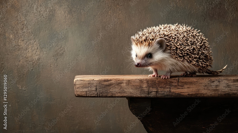 Poster a small hedgehog exploring a wooden platform with soft shadows and ample space around for creative u