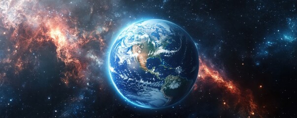 Obraz premium A breathtaking aerial view of Earth in the vastness of space, surrounded by twinkling stars and colorful nebulas.