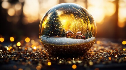 Christmas tree inside a glass ornament ball with a festive background and soft lighting effects