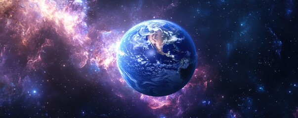 A breathtaking aerial view of Earth in the vastness of space, surrounded by twinkling stars and colorful nebulas.