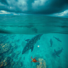 Obraz premium Pristine Plastic-Free Ocean with Vibrant Marine Life and Coral Reefs