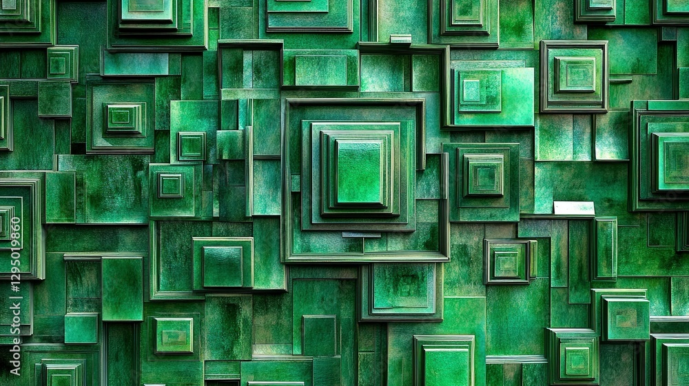 Poster green textured squares and rectangles creating a layered geometric pattern