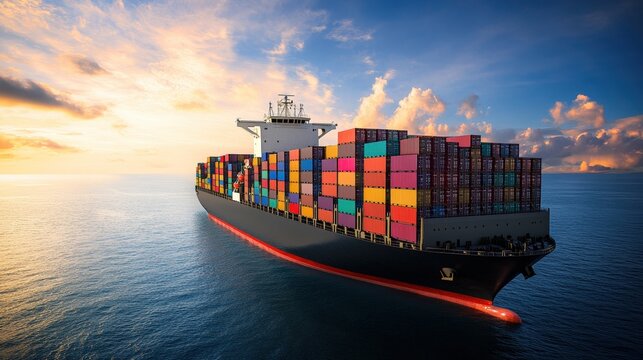Large container ship navigating through the ocean with cargo under clear blue sky during daytime
