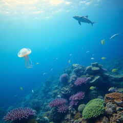 Fototapeta premium Pristine Plastic-Free Ocean with Vibrant Marine Life and Coral Reefs