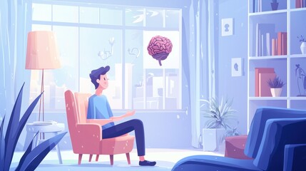 Fototapeta premium Man sits in armchair, contemplating a floating brain in a modern living room.