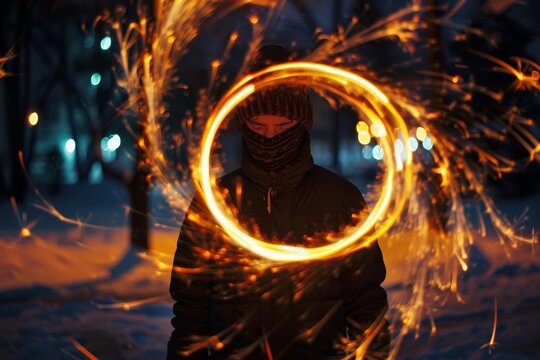 Young person creates glowing circle with sparklers during winter night in a city park
