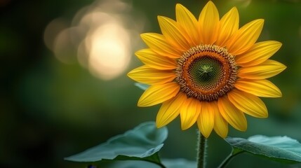 Obraz premium Bright Sunflower Bloom with Green Leaves Against Soft Blurry Background