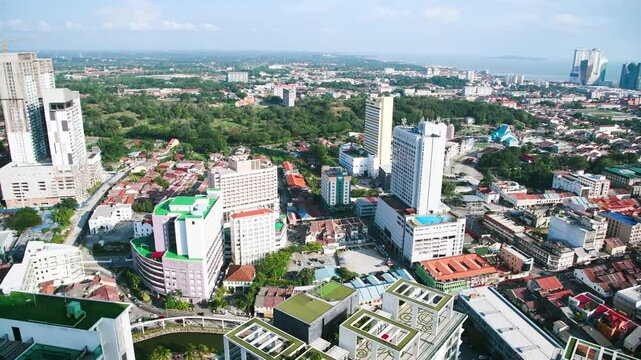 Panoramic aerial shot of Malacca, Malaysia, showcasing colonial architecture